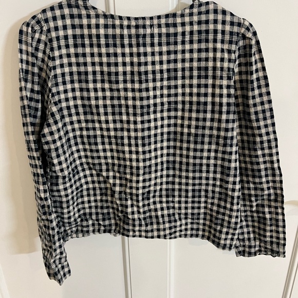 Dark blue plaid top with asymmetrical, button-up v-neckline - Picture 3 of 3